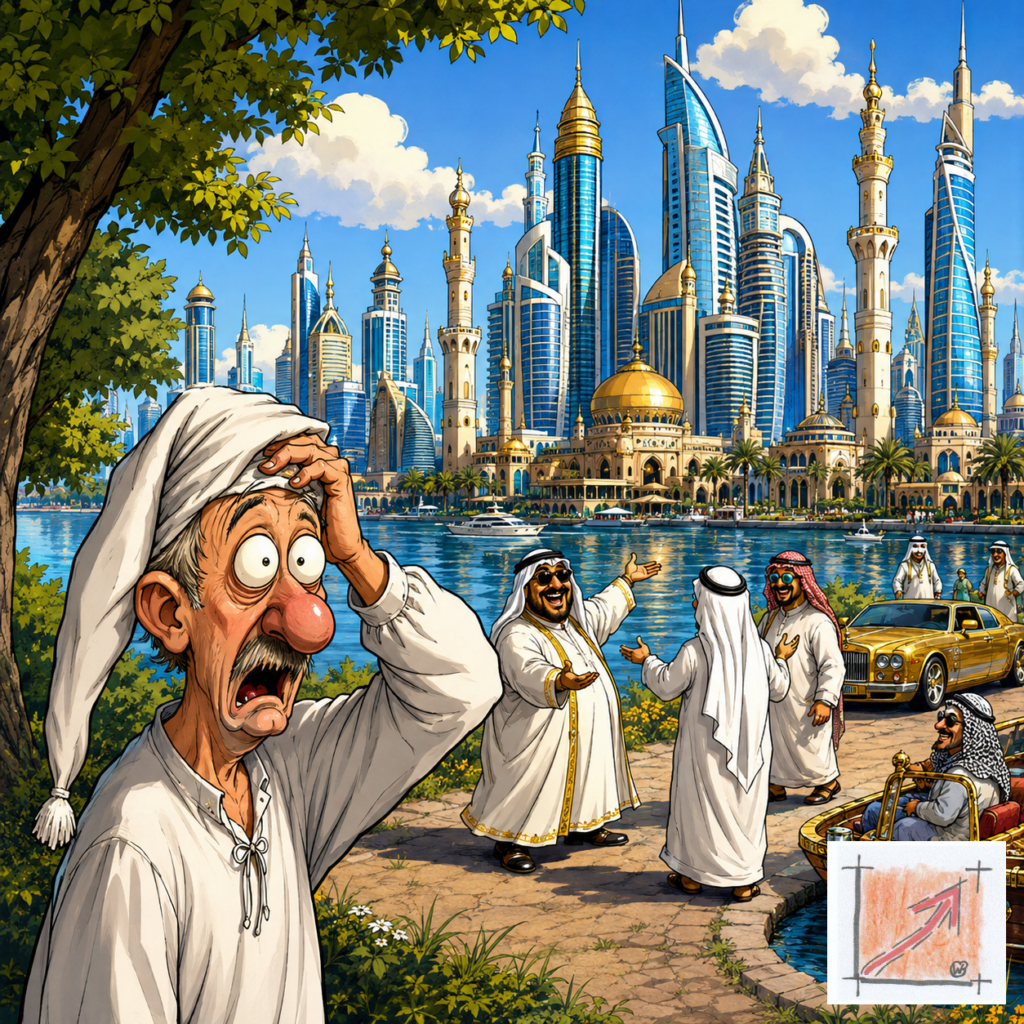 Satirische Comic-Karikatur des verdeckten Vergabemanövers am Pfullendorfer Seeufer, die den Trugschluss der Investorensuche und den drohenden Ausverkauf des Gartenschau-Geländes am Gleichnis einer absurden Wüsten-Skyline demaskiert.
Bild: Das Anschauungsbild wurde mit der KI gefertigt.