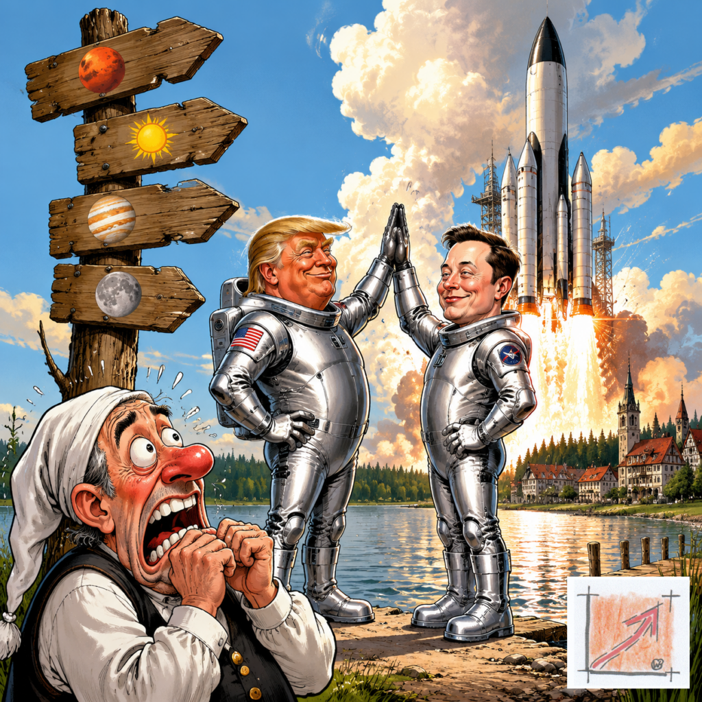 Satirische Comic-Karikatur des verdeckten Vergabemanövers am Pfullendorfer Seepark, die die realitätsfernen Visionen der Stadtverwaltung über die LBBW-Investorensuche am Gleichnis eines absurden Weltraum-Flughafens demaskiert.
Bild: Das Anschauungsbild wurde mit der KI gefertigt.