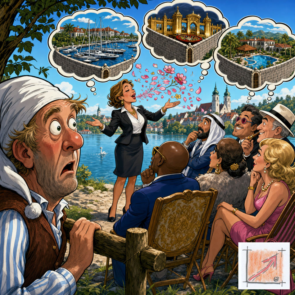 Satirische Comic-Karikatur des verdeckten Vergabemanövers am Pfullendorfer Seepark, die die exklusiven Privatisierungspläne der LBBW-Investorensuche und den Ausschluss der Bürger am Gleichnis ummauerter Traumblasen demaskiert.
Bild: Das Anschauungsbild wurde mit der KI gefertigt.