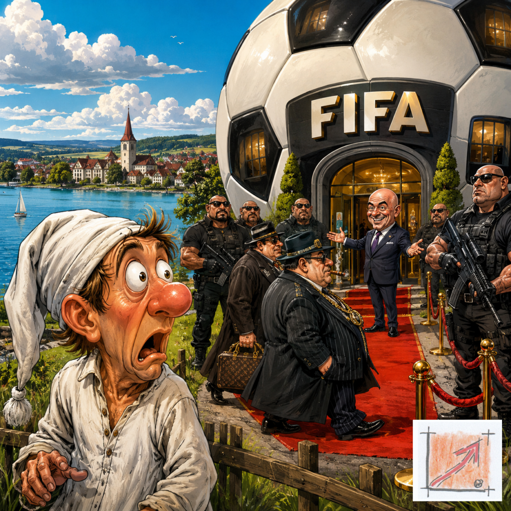 Satirische Comic-Karikatur des verdeckten Vergabemanövers am Pfullendorfer Seepark, die das Risiko globaler Großinvestoren und den Verlust der kommunalen Kontrolle am Gleichnis eines exklusiven FIFA-Fußballhotels demaskiert.
Bild: Das Anschauungsbild wurde mit der KI gefertigt.