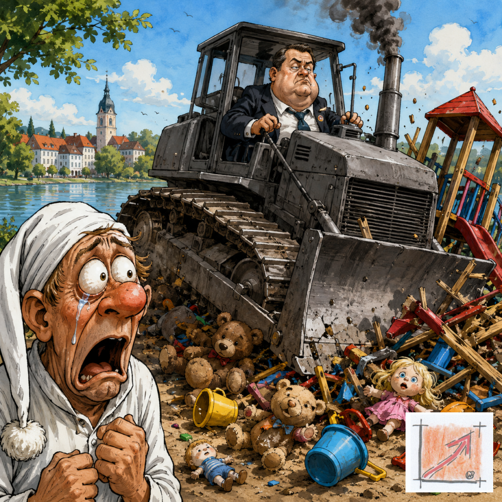Satirische Comic-Karikatur am Pfullendorfer Seeufer, die den rücksichtslosen Substanzverzehr und die Zerstörung öffentlicher Familieneinrichtungen durch das Erbpacht-Manöver der Stadtverwaltung demaskiert.
Bild: Das Anschauungsbild wurde mit der KI gefertigt