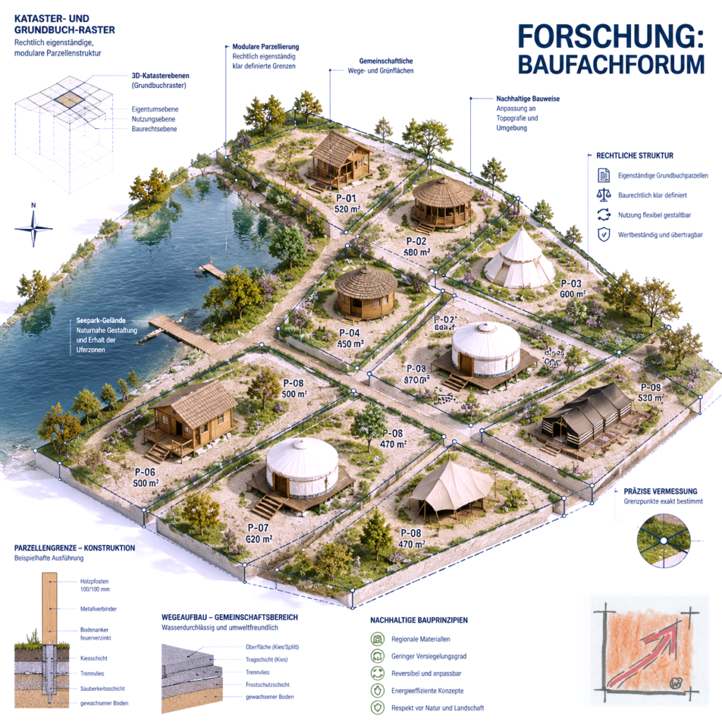 Wissenschaftliche Infografik des BauFachForums zum Kataster- und Grundbuch-Raster des Weltdorfs Pfullendorf, welche die präzise Vermessung, den nachhaltigen Wegeaufbau und die modulare Parzellierung dokumentiert.
Bild: Das Anschauungsbild wurde mit der KI gefertigt.