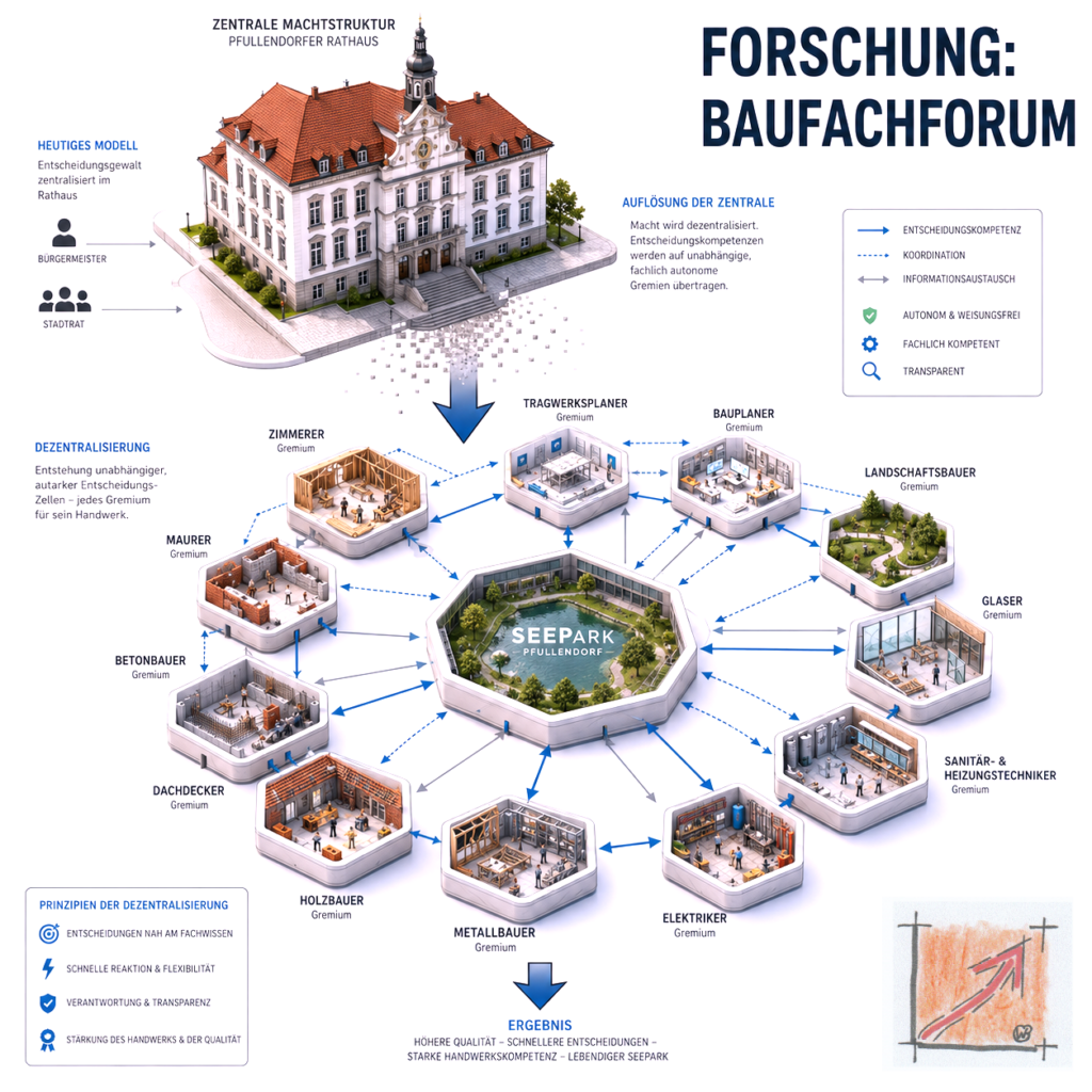 Wissenschaftliches Organigramm des BauFachForums zur Dezentralisierung der Machtstrukturen, welches die Übergabe der Entscheidungskompetenz vom Rathaus an autonome Handwerks-Gremien dokumentiert.
Bild: Das Anschauungsbild wurde mit der KI gefertigt.