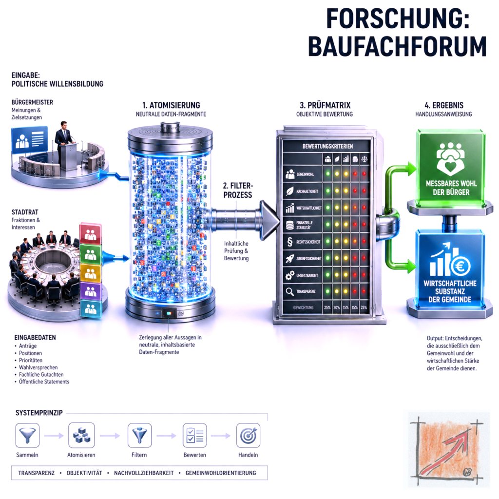 Wissenschaftliches Ablaufdiagramm des BauFachForums zum Systemprinzip der Daten-Atomisierung, welches den Filter- und Bewertungsprozess über eine objektive Prüfmatrix dokumentiert.
Bild: Das Anschauungsbild wurde mit der KI gefertigt.