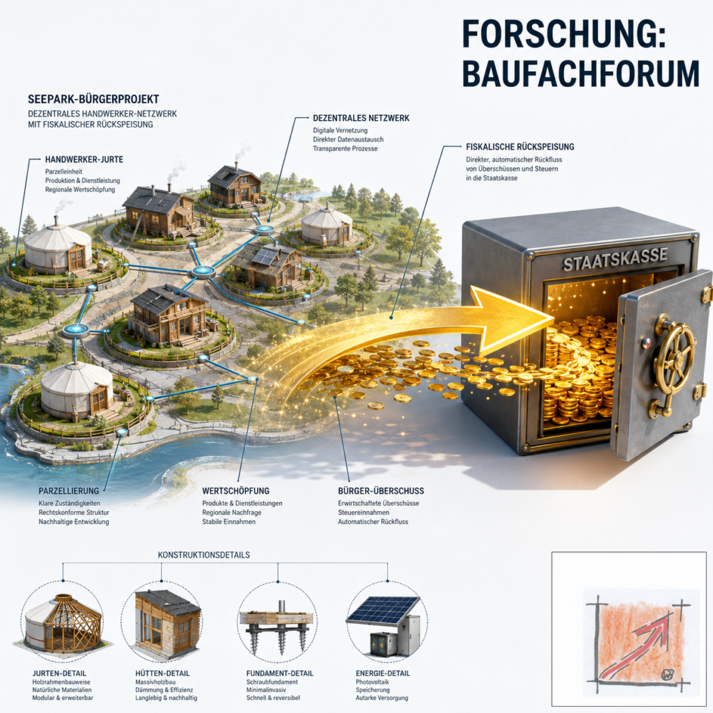 Wissenschaftliche Infografik des BauFachForums zum Seepark-Bürgerprojekt, welche den direkten, automatischen Rückfluss von Handwerks-Überschüssen in die Staatskasse dokumentiert.
Bild: Das Anschauungsbild wurde mit der KI gefertigt.