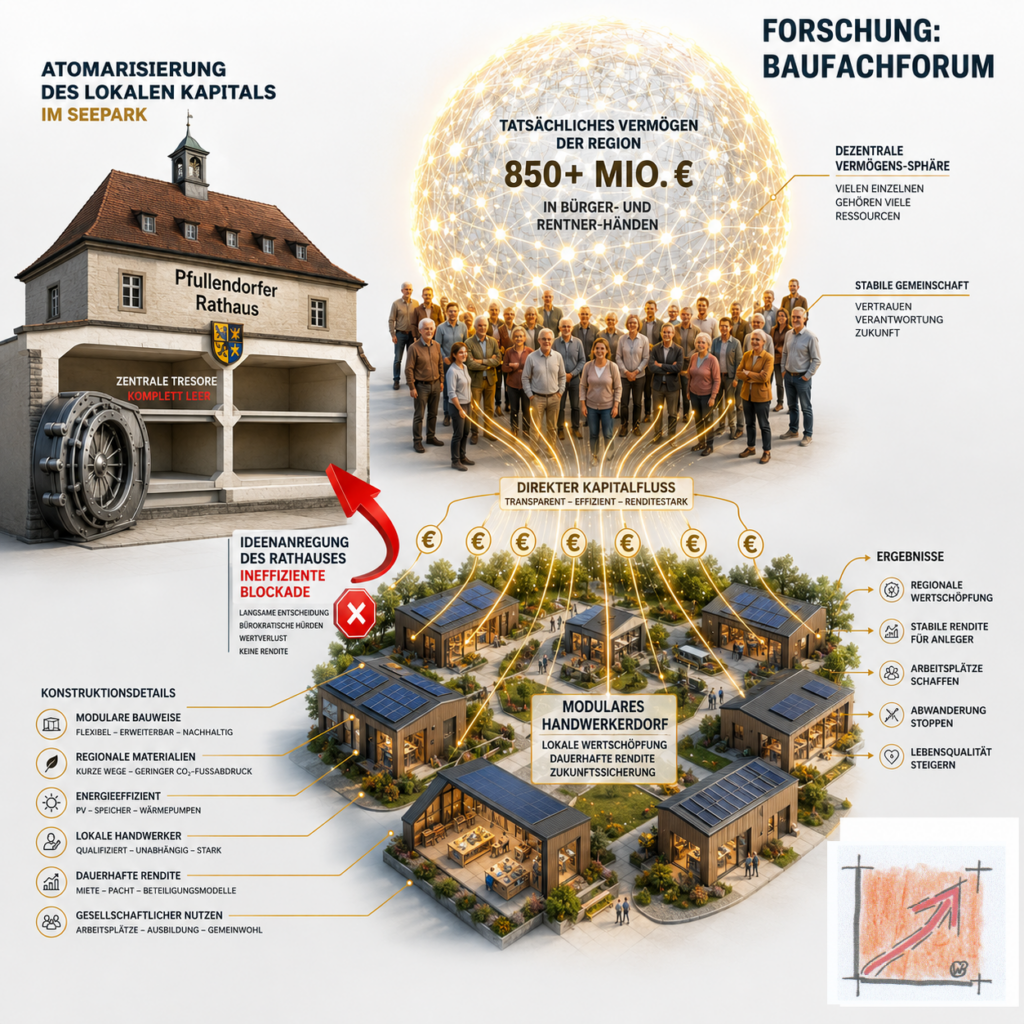 Wissenschaftliche Infografik des BauFachForums zur Atomarisierung des lokalen Kapitals, die die Aktivierung von über 850 Millionen Euro Bürgervermögen für das zuschussfreie Handwerkerdorf dokumentiert.
Bild: Das Anschauungsbild wurde mit der KI gefertigt.