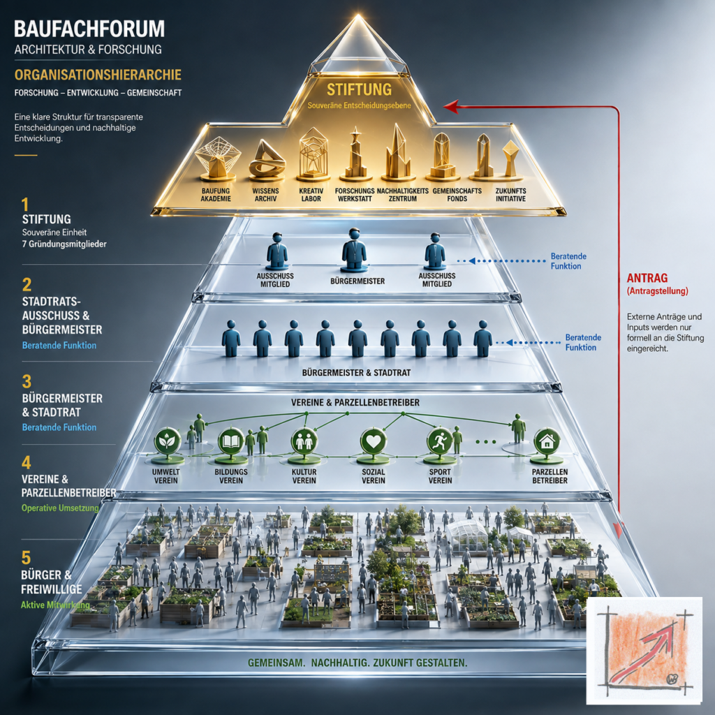 Wissenschaftliches Hierarchie-Diagramm des BauFachForums zur Organisationsstruktur des Weltdorfs Pfullendorf, welches die absolute Entscheidungskompetenz der Stiftung über dem beratenden Gemeinderat dokumentiert.
Bild: Das Anschauungsbild wurde mit der KI gefertigt.