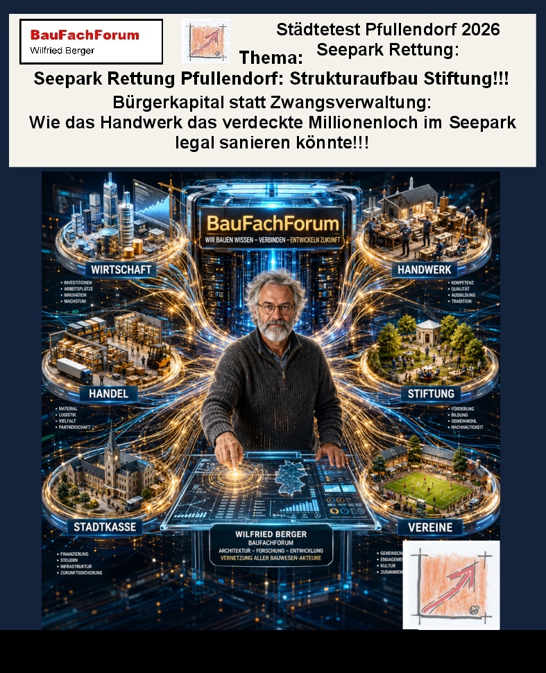 Wissenschaftliche Infografik des BauFachForums zur Startfolie der Phase 1, welche den Bausachverständigen Wilfried Berger am digitalen Leitstand zur zuschussfreien Vernetzung der regionalen Wirtschaftssäulen dokumentiert.