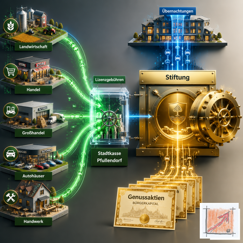 Wissenschaftliches Kreislauf-Diagramm des BauFachForums zum Lizenz- und Fiskalsystem des Weltdorfs Pfullendorf, welches den automatischen Kapitalfluss der Lizenzgebühren in die Stadtkasse dokumentiert.
Bild: Das Anschauungsbild wurde mit der KI gefertigt.