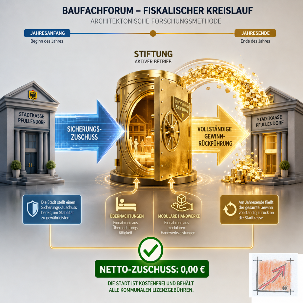 Wissenschaftliches Haushalts-Diagramm des BauFachForums zum zyklischen Zuschuss- und Rückführungssystem des Weltdorfs, welches die vollständige Entlastung der Stadtkasse zum Jahresende dokumentiert.
Bild: Das Anschauungsbild wurde mit der KI gefertigt.