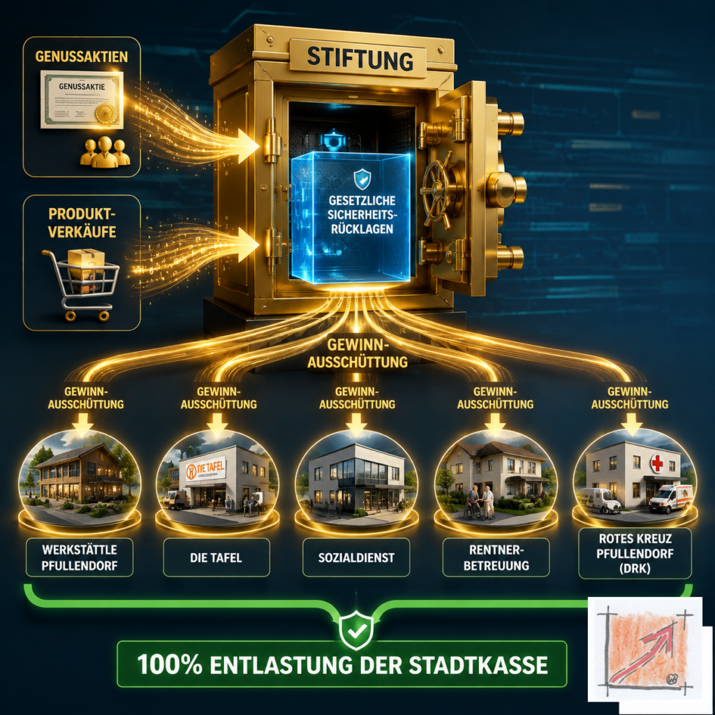 Wissenschaftliches Netzwerk-Diagramm des BauFachForums zur sozialen Gewinn-Ausschüttung der Stiftung, welches die zuschussfreie Finanzierung von Werkstättle, Tafel und Rotem Kreuz in Pfullendorf dokumentiert.
Bild: Das Anschauungsbild wurde mit der KI gefertigt.