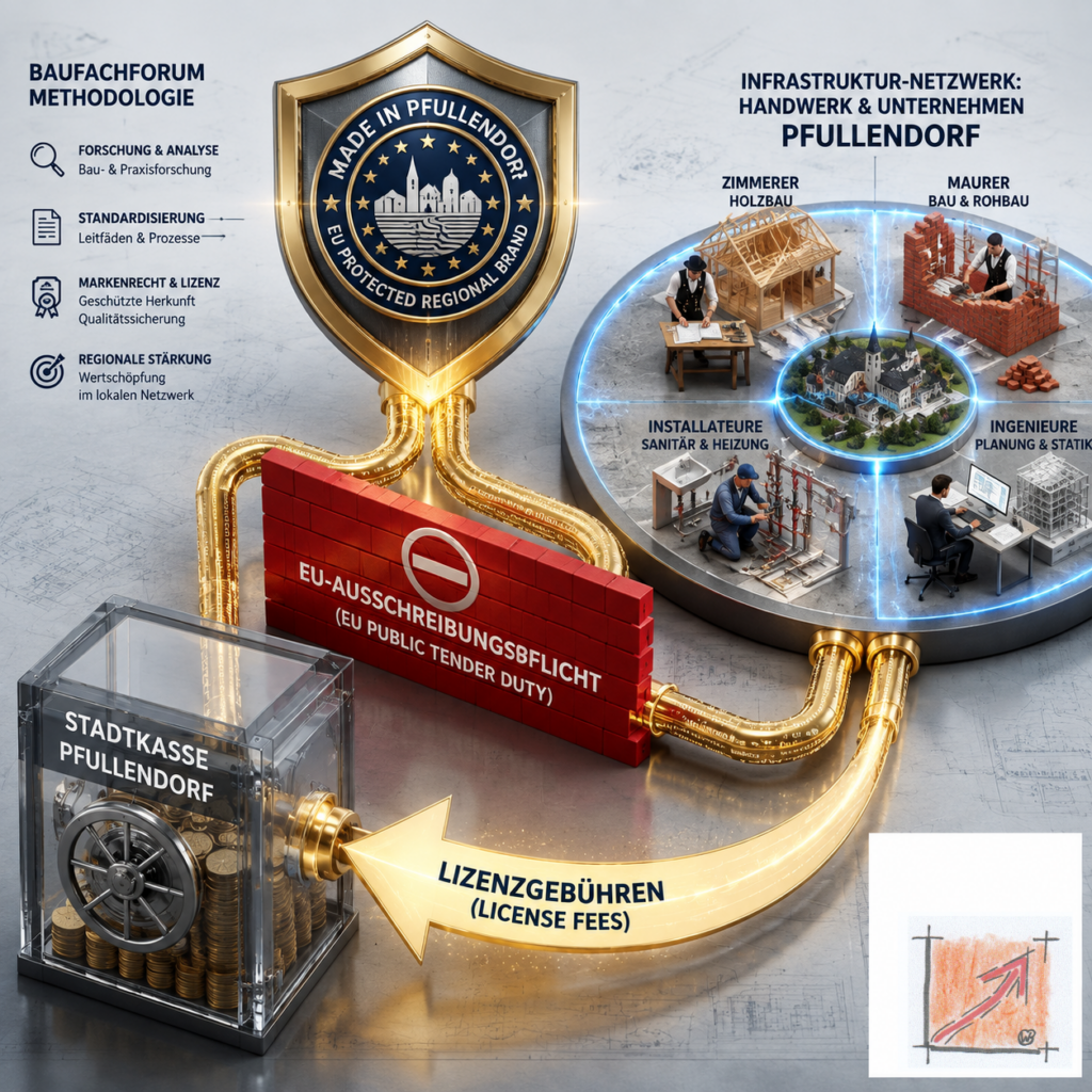 Wissenschaftliches Vergaberechts-Diagramm des BauFachForums zum EU-Markenschutz des Seeparks, welches die direkte und ausschreibungsfreie Vergabe von Bauaufträgen an das Pfullendorfer Handwerk dokumentiert.
Bild: Das Anschauungsbild wurde mit der KI gefertigt.
