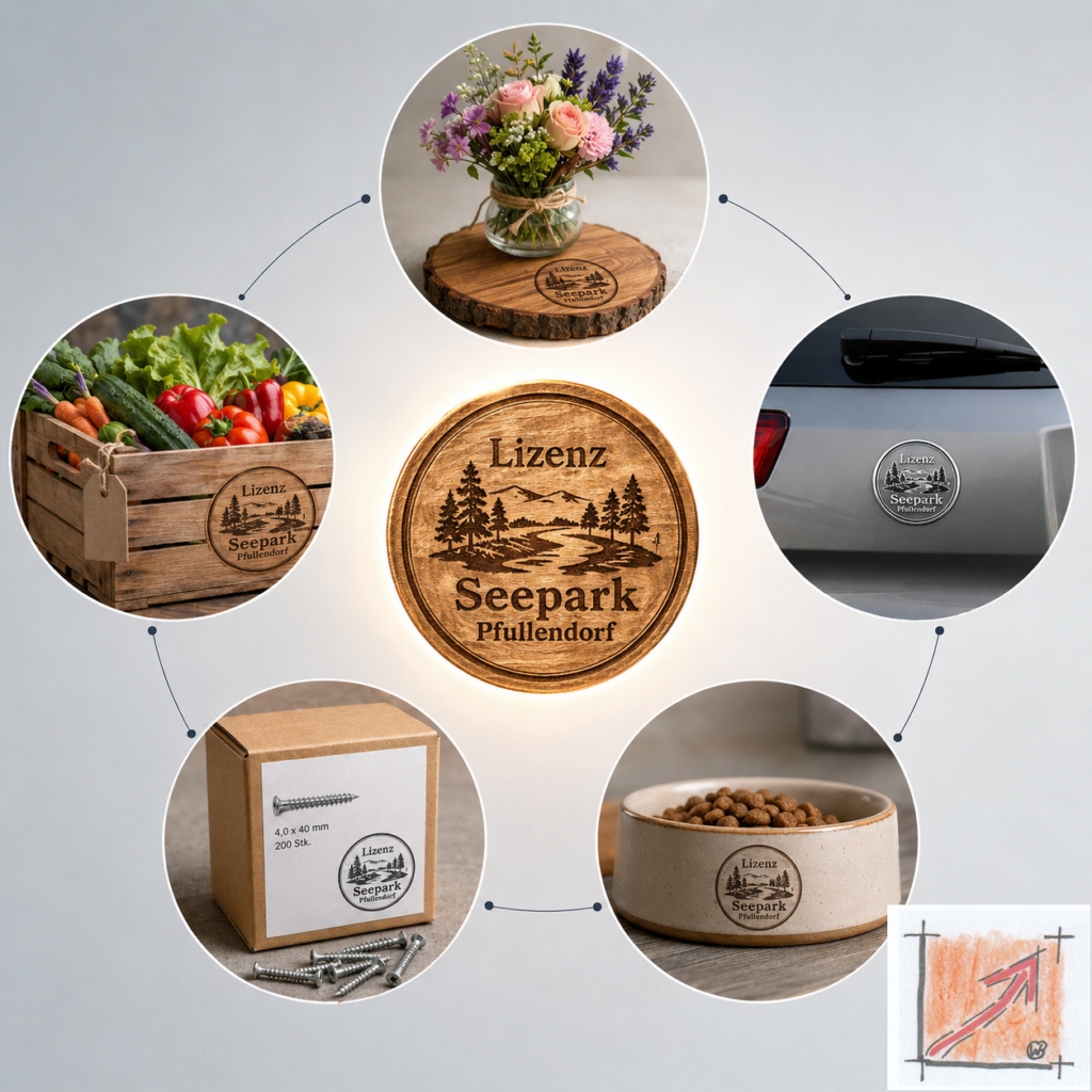 Wissenschaftliche Infografik des BauFachForums zur praktischen Anwendung des Qualitätssiegels auf lizensierten Produkten aus Handel, Handwerk, Gartenbau und Automobilsektor in Pfullendorf.
Bild: Das Anschauungsbild wurde mit der KI gefertigt.