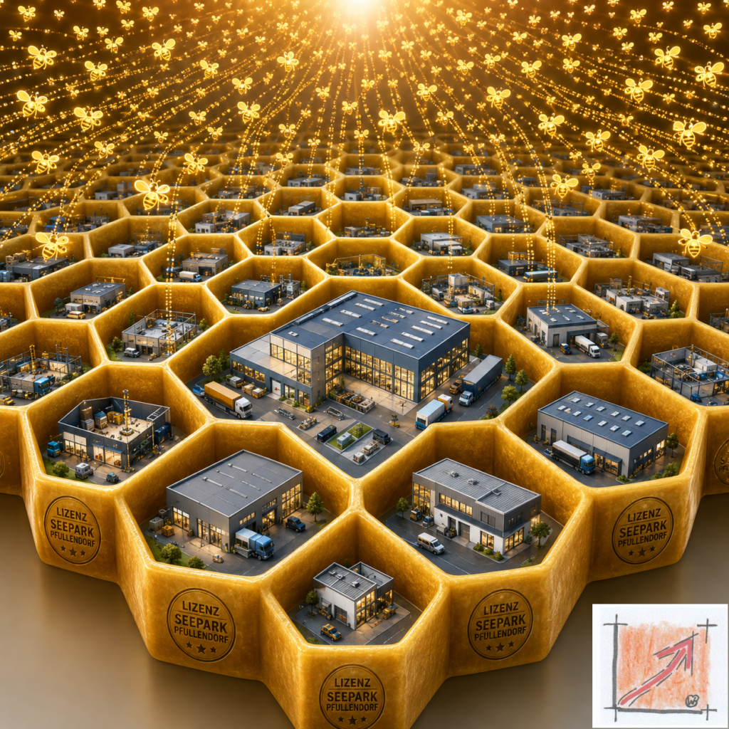 Wissenschaftliche Infografik des BauFachForums nach der Schablone der Bauforschung zum Prinzip der Bienenwabe, welche die absolute Gleichberechtigung von Ein-Mann-Betrieben und Großbetrieben unter dem Seepark-Qualitätssiegel dokumentiert.
Bild: Das Anschauungsbild wurde mit der KI gefertigt.