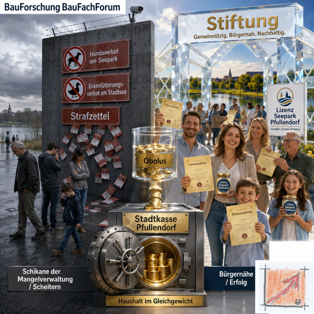 Wissenschaftliche Schluss-Infografik der BauForschung BauFachForum zum Vergleich zwischen rathäuslichen Schikanen wie dem Hundeverbot und der freiwilligen Finanzierung über genussrechtliche Bürger-Lizenzen.
Bild: Das Anschauungsbild wurde mit der KI gefertigt.