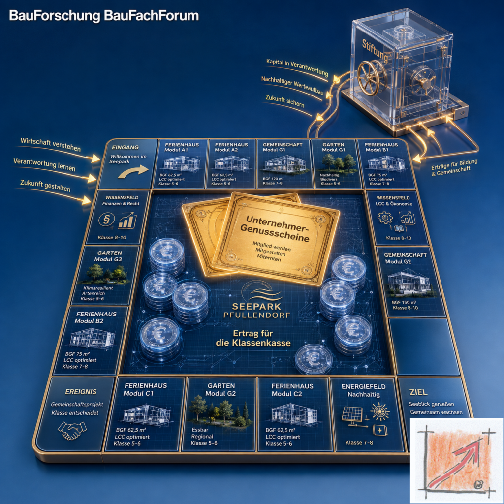 Wissenschaftliches Bildungs-Diagramm der BauForschung BauFachForum nach Schablone 3 zum spielerischen Erlernen kaufmännischer Verantwortung von Schülern über das Seepark-Monopoly-Prinzip [finance, local].“
Bild: Das Anschauungsbild wurde mit der KI gefertigt.