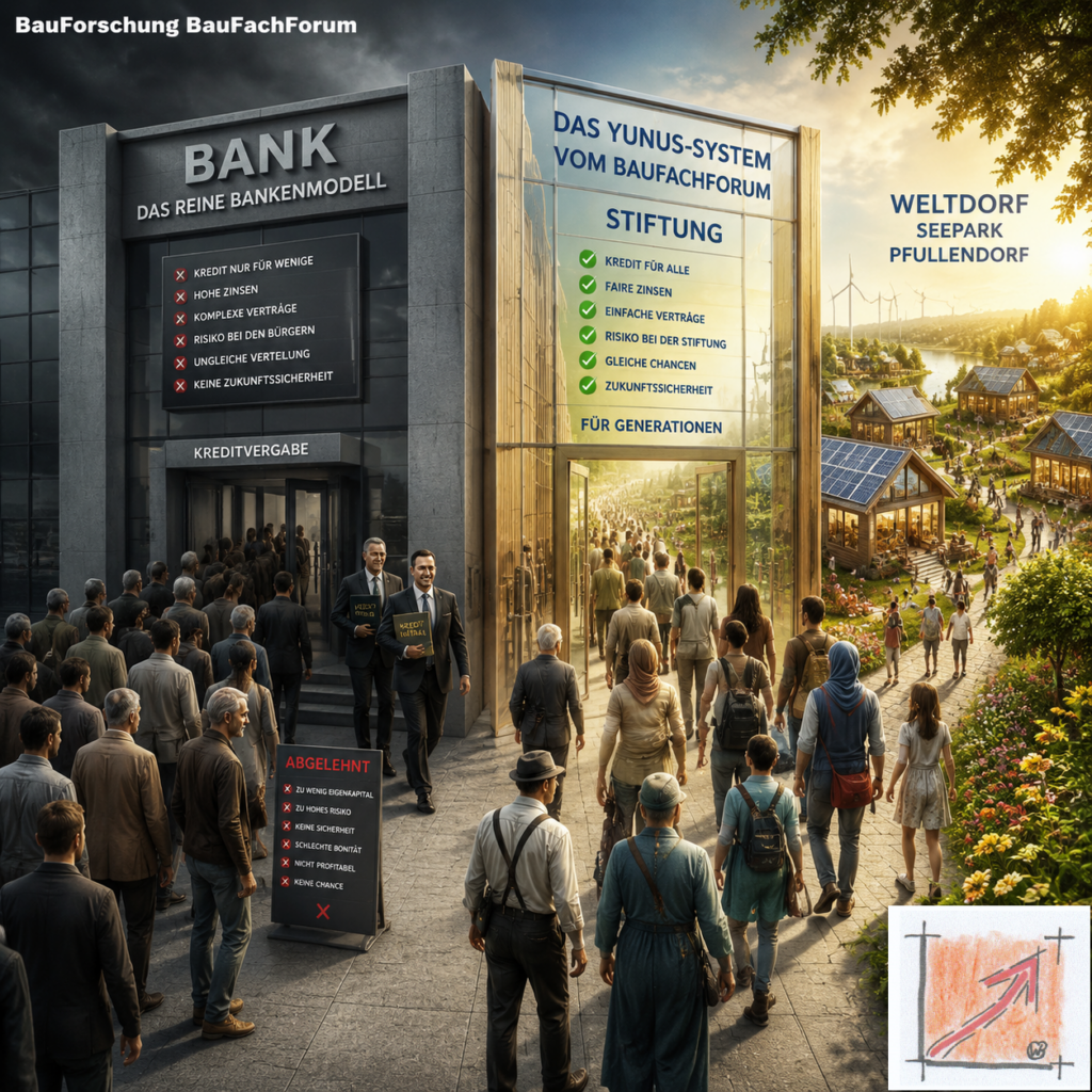 Wissenschaftliche Kontrast-Infografik der BauForschung BauFachForum zum vergleichenden Systemaufbau zwischen der sozialen Auslese traditioneller Banken und dem zuschussfreien Yunus-Modell der Stiftung im Seepark.
Bild: Das Anschauungsbild wurde mit der KI gefertigt.