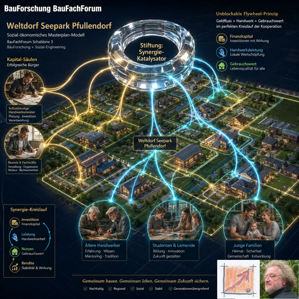 Wissenschaftliche Netzwerk-Infografik der BauForschung BauFachForum zu Bild 5 der Phase 3, die das zuschussfreie Zusammenführen von Kapital und Arbeitsleistung ohne Ausbeutung dokumentiert.
Bild: Das Anschauungsbild wurde mit der KI gefertigt.