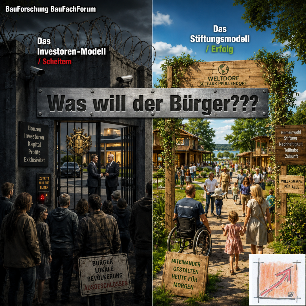 Wissenschaftliche Schluss-Infografik der BauForschung BauFachForum zur finalen Gegenüberstellung zwischen dem abgesperrten Investoren-Seepark und dem freien, zuschussfreien Weltdorf für alle Bürger.
Bild: Das Anschauungsbild wurde mit der KI gefertigt.